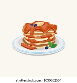 Stack of tasty pancakes topped with honey or chocolate, piece of butter on top, blueberries and mint leaves. Delicious dessert. Food concept. Flat vector design for recipe book