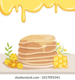 Stack of tasty pancakes watered with honey, cute yellow flowers and honeycomb on table. Delicious dessert. Flat vector design for promo poster or invitation card