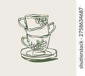 Stack of tea or coffee cups, plate. Elegant ceramic porcelain. Line art. Decorative outline style. Hand drawn trendy Vector Illustration. Isolated design element. Poster, print, logo template