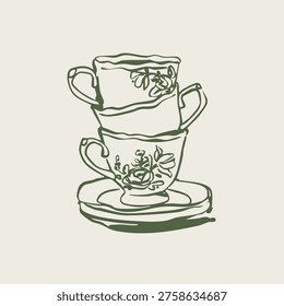Stack of tea or coffee cups, plate. Elegant ceramic porcelain. Line art. Decorative outline style. Hand drawn trendy Vector Illustration. Isolated design element. Poster, print, logo template