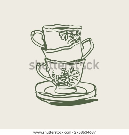 Stack of tea or coffee cups, plate. Elegant ceramic porcelain. Line art. Decorative outline style. Hand drawn trendy Vector Illustration. Isolated design element. Poster, print, logo template