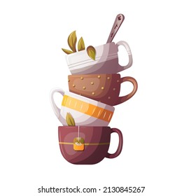 Stack of teacups. Tea shop, break, cafe-bar, tea lover, tea party, beverages concept. Isolated vector illustration for poster, banner, card, cover, menu, advertising. 