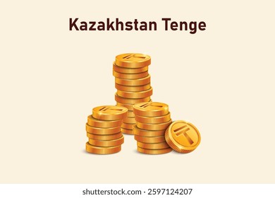 Stack of Tenge gold coins. Realistic 3D gold coins. Ecommerce free credit concept.