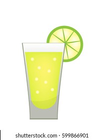 Stack of tequila with a lime slice icon flat, cartoon style. Drink isolated on white background. Alcoholic cocktail. Vector illustration