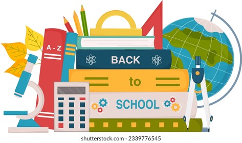 Stack of textbook with globe, calculator, microscope, compass, pencils, triangle and autumn leaves. Back to school concept.  Poster for bookstore, bookshop, school, library. Vector illustration.