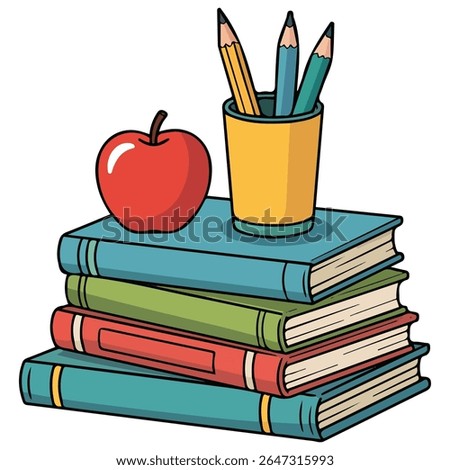 Stack of textbooks with apple and pencil holder