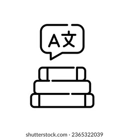 Stack of textbooks with foreign language speech bubble. Pixel perfect, editable stroke
