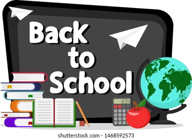 Stack of textbooks, a globe and apple on a blackboard background. Back to school banner.