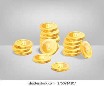 Stack Of Thai Baht Currency Realistic Gold Coin, Money Sign Vector Illustration