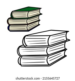 A stack of thick books, a cartoon vector illustration on a white background. A set of color and monochrome images, a sketch for a coloring book.