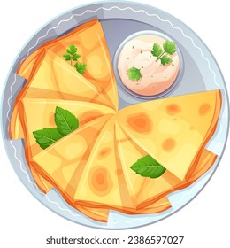 Stack of thin pancakes with bowl for parsley sauce on plate, top view. Vector illustration of delicious food in cartoon style