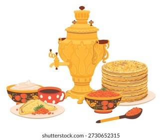 A stack of thin pancakes on a plate and a samovar. A traditional Maslenitsa dish. Red caviar in wooden bowl and sour cream. The most popular pancake filling in Russia. Vector illustration a tea party