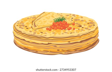 A stack of thin pancakes and red caviar. The most famous Russian dish of Maslenitsa. Vector illustration. Crepes and a mound of salted salmon caviar.