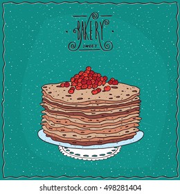 Stack of thin pancakes with red caviar, lie on lacy napkin. Cyan background and ornate lettering bakery. Handmade cartoon style. Vector illustration