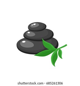 Stack of three black hot stones, spa salon accessory, cartoon vector illustration on white background. Stack of round basalt stones for hot stone massage in spa salon