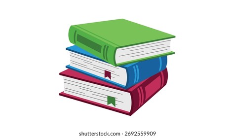 A stack of three books with different colored covers and bookmarks on a white background design