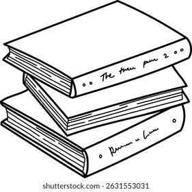 Uma pilha de três livros com títulos manuscritos em um estilo de desenho de linha preto e branco. Três volumes são empilhados com texto visível em suas espinhas. Ilustração de vetor de desenhos animados.