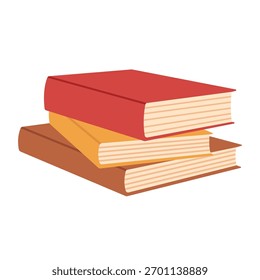 Stack of three books illustration symbolizing knowledge, education and cozy autumn reading. For study, literature and fall design. Simple flat vector. Hand drawn. Isolated background.