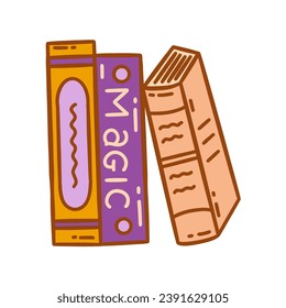 Stack of three books. Name of one is magic. Sacred and mysterious knowledge. Colorful vector isolated doodle style illustration. Hand drawn clip art icon, purple and yellow colors