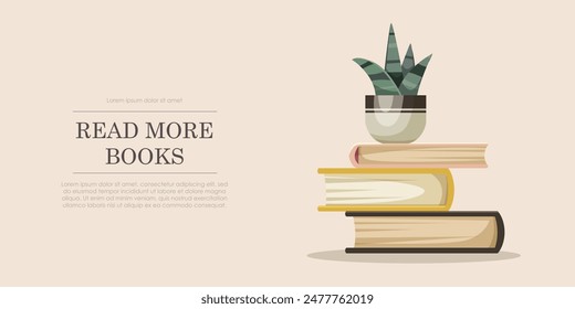 Stack of three books with a potted plant on top, light beige background, education and reading concept. Vector illustration