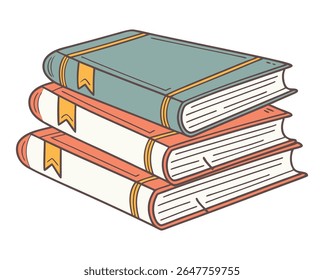 A stack of three books with teal and orange covers. Each book has a yellow bookmark protruding from the top. The pages are white with thin lines.