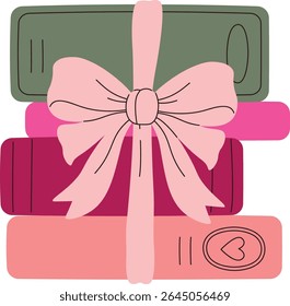A stack of three books tied with a large bow in a flat cartoon style. The books are arranged in a neat pile with a decorative ribbon. Cartoon vector illustration.