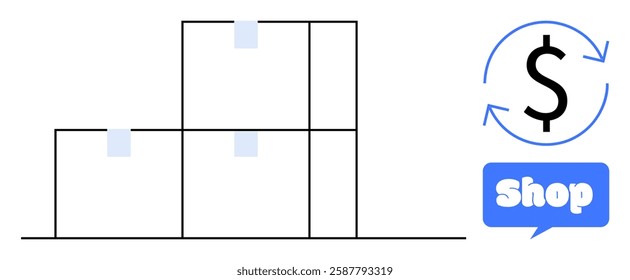 Stack of three boxes with adhesive labels and dollar sign surrounded by arrows in circular motion. Blue chat bubble with word shop. Ideal for e-commerce, online shopping, retail, logistics