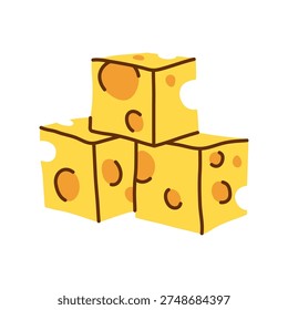 Stack of three Cartoon Cheese Cubes with Holes, hand drawn cartoon food illustration