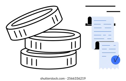 Stack of three coins beside a financial receipt with a check mark. Ideal for finance, accounting, bookkeeping, investment, budgeting. Simple, modern, clean style