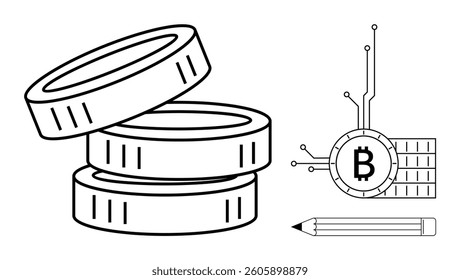 Stack of three coins, Bitcoin symbol with circuit elements, and pencil on white background. Ideal for cryptocurrency, blockchain technology, digital finance, investment, and fintech. Simple line art