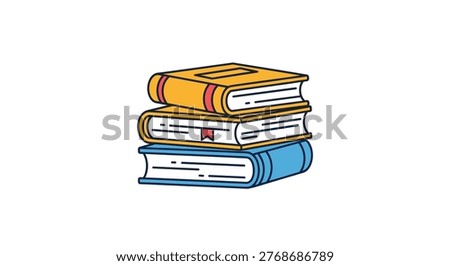 Stack of three colorful books with bookmarks representing education reading literature and academic study on a white background.