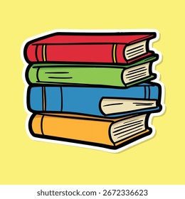 Una pila de tres libros coloridos, etiqueta engomada de la escuela de la historieta, estilo plano del Vector con los contornos negros gruesos, colores sólidos del rojo, verde, y azul, aislados en un fondo amarillo claro