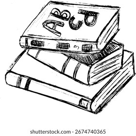 Pilha de três livros coloridos com letras no topo do livro