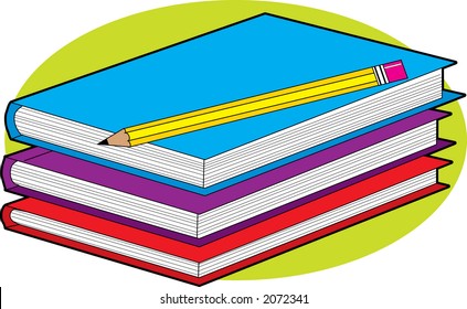 Stack of three colorful books with a pencil