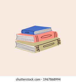 Stack of three colorful books. Read more books concept. Hand drawn educational Vector illustration. Cartoon modern style. Poster or print template