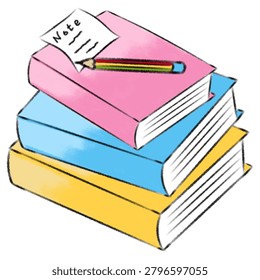 A stack of three colorful, cartoon style books. On top of them, there's a small piece of paper with the word 