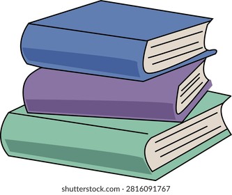 Stack of three colorful hardback books vector illustration. Concept of education, reading, study, literature, knowledge, and back to school. Isolated icon on white background.