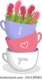 Stack of three colorful teacups with the phrase I love you, flowers in the top cup. Romance, affectionate message, tea lover gift vector illustration.