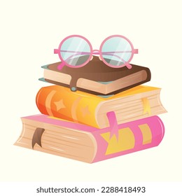 A stack of three cute cartoon multi-colored books without drawings and inscriptions with bookmarks and cute feminine pink glasses on top. Greeting square postcard for World Book Day without text