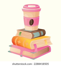 A stack of three cute cartoon multi-colored books without drawings and inscriptions with bookmarks and cute pink paper cup of coffee on top. Greeting square postcard for World Book Day without text