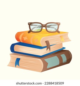 A stack of three cute cartoon multi-colored books without drawings and inscriptions with bookmarks and vintage brown glasses on top. Greeting square postcard for World Book Day without text