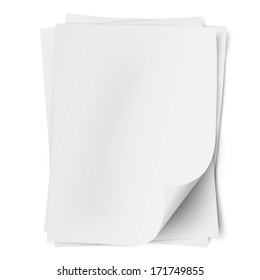 Stack of three empty white sheets of A4 paper with one deflected corner isolated