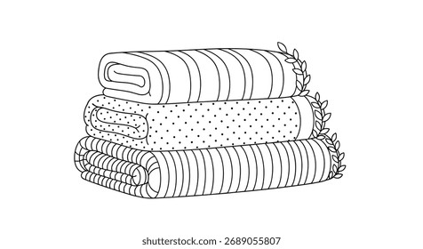 A stack of three folded blankets with different patterns and textures.