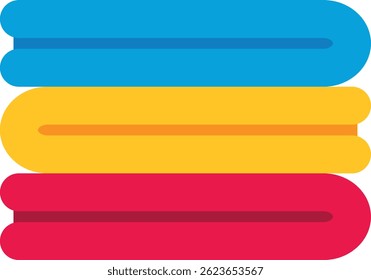 Stack of three folded towels in blue, yellow, and red colors.