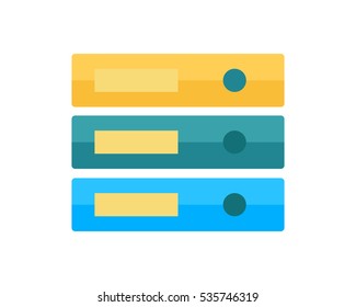 Stack of three folders isolated on white. Large number of business documents. Colorful document cases. Paper work, office routine, bureaucracy concept. Flat design. Data, mailing, management services.