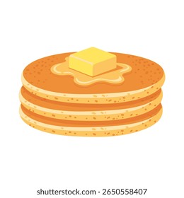 Uma pilha de três panquecas marrom-douradas coberto com uma parte derretendo de manteiga e xarope. Esta ilustração simples e apetitosa é perfeita para menus de café da manhã ou conteúdo relacionado à comida.