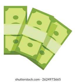 Stack of three green bills falling down with white background