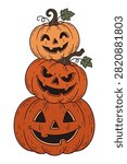 Stack of three grinning jack-o-lantern pumpkins halloween decoration.