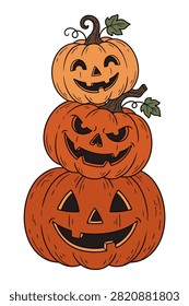 Stack of three grinning jack-o-lantern pumpkins halloween decoration.