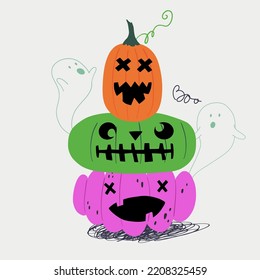 Stack Of Three Hand Drawn Halloween Pumpkins And Ghosts Flying Out Of Them. Holiday Greeting Card, Poster, Party Invitation